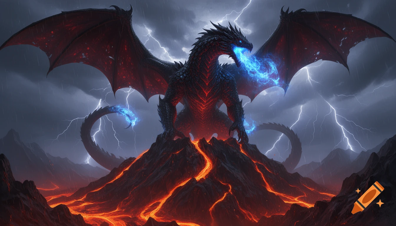 A huge black dragon with red scales breathes blue fire on a volcanic mountain with flowing lava, under a stormy, lightning-filled sky.