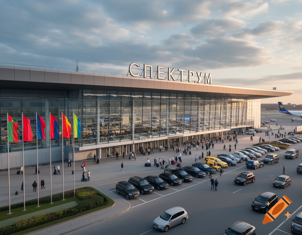 A photorealistic aerial view of a modern airport terminal with 'СПЕКТРУМ' on its facade, surrounded by cars and people, under a partly cloudy sky.