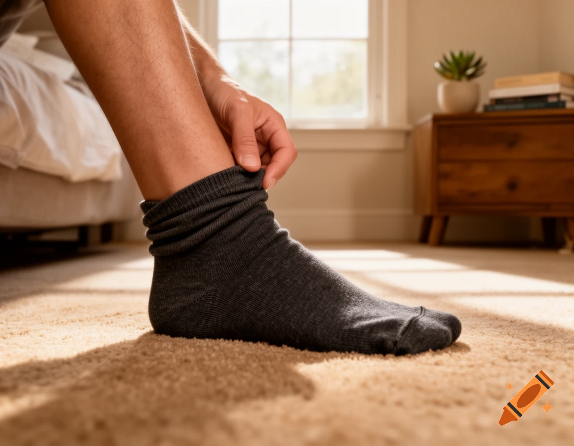 Person's hand adjusting a dark gray sock on their foot, on a carpet in a sunlit bedroom.