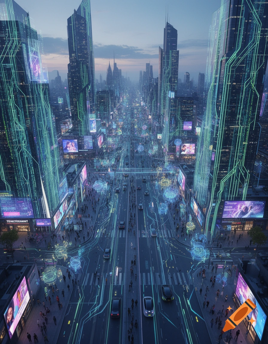 An aerial view of a futuristic cityscape at dusk, featuring towering skyscrapers adorned with glowing green circuit patterns and busy streets filled with cars, pedestrians, and holographic displays.