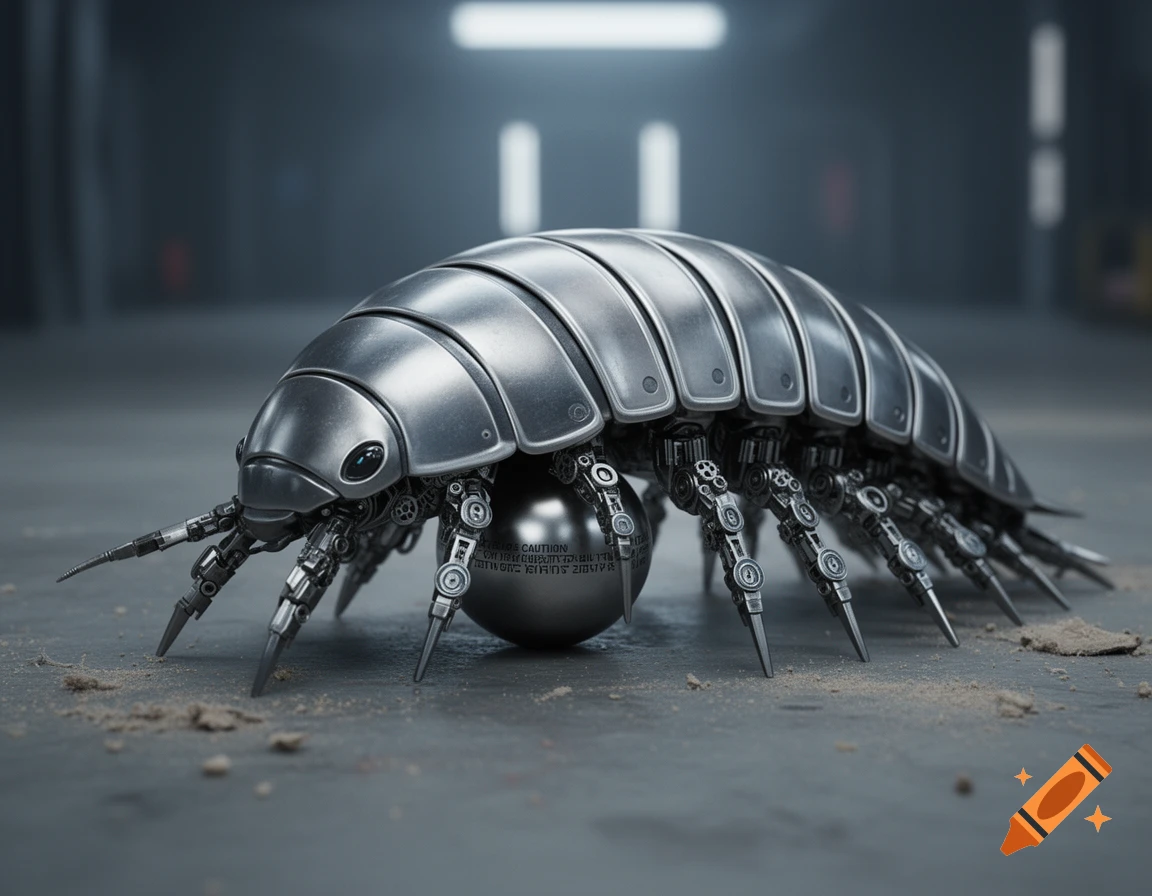 A photorealistic metallic robotic pill bug or centipede, with mechanical legs and a spherical bomb integrated underneath, on a dusty concrete floor.