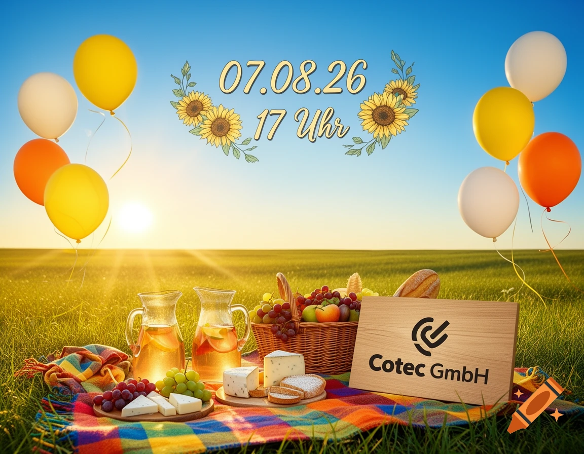 Picnic blanket with cheese, grapes, and lemonade in a sunny field with balloons and a Cotec GmbH sign, displaying '07.08.26 17 Uhr'.