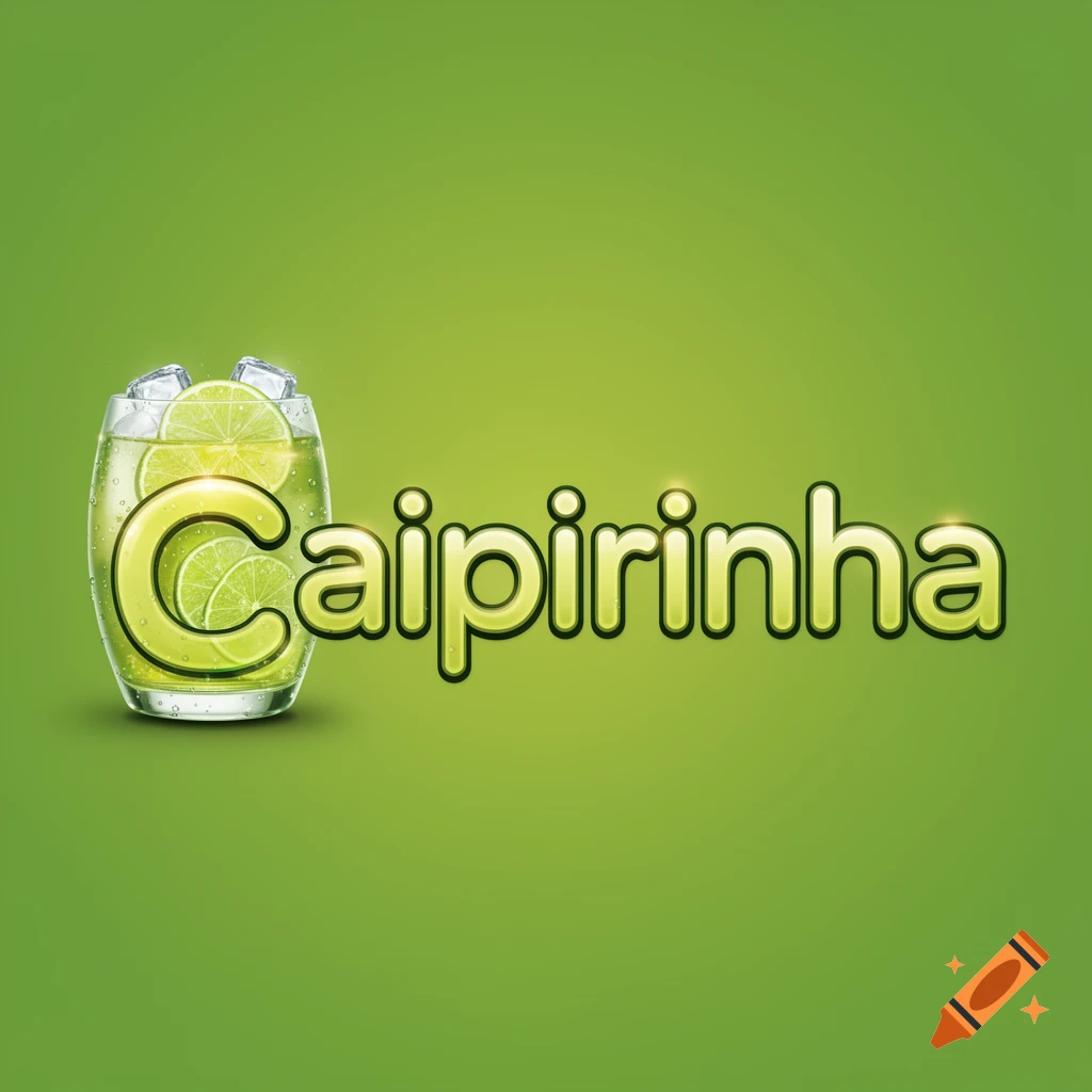 Stylized text 'Caipirinha' in yellow-green on a vibrant green background, with the letter 'C' designed as a cocktail glass filled with lime slices and ice.