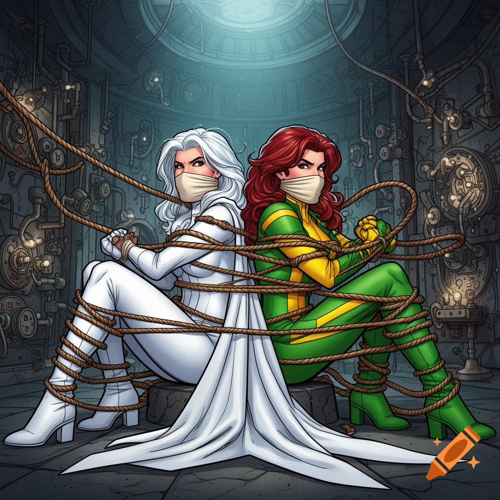 Two comic book style superheroes, one with white hair and one with red, sit bound and gagged with rope in an industrial trap room.