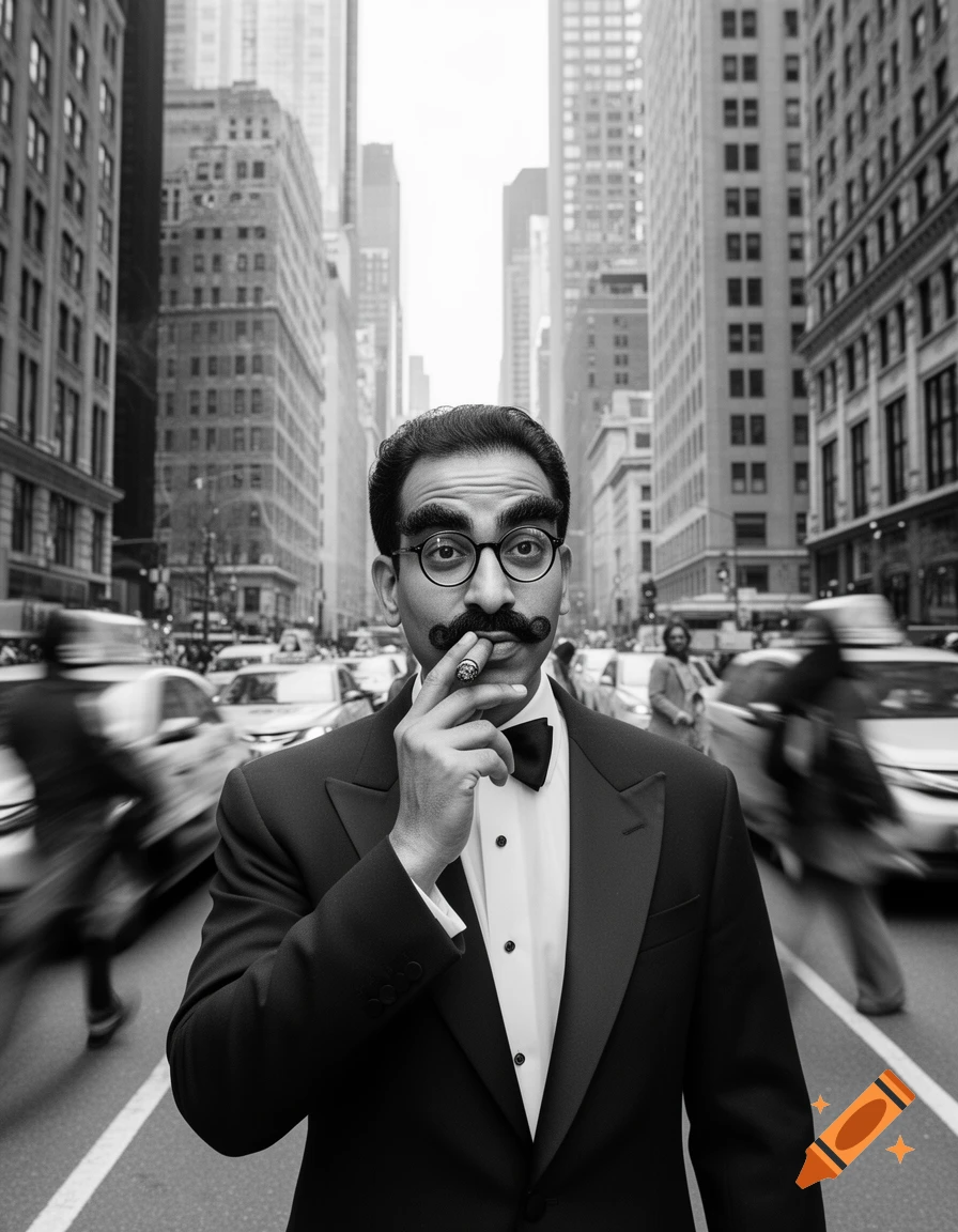 A man in a tuxedo with Groucho Marx glasses, fake mustache, and eyebrows smokes a cigar in a black and white city street with blurred cars.