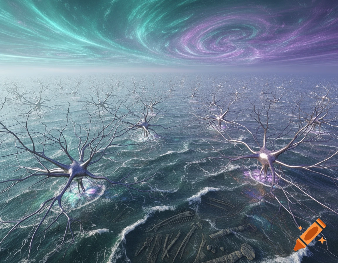 A surreal landscape with glowing, neuron-like structures emerging from a stormy teal ocean under a swirling purple and teal sky.