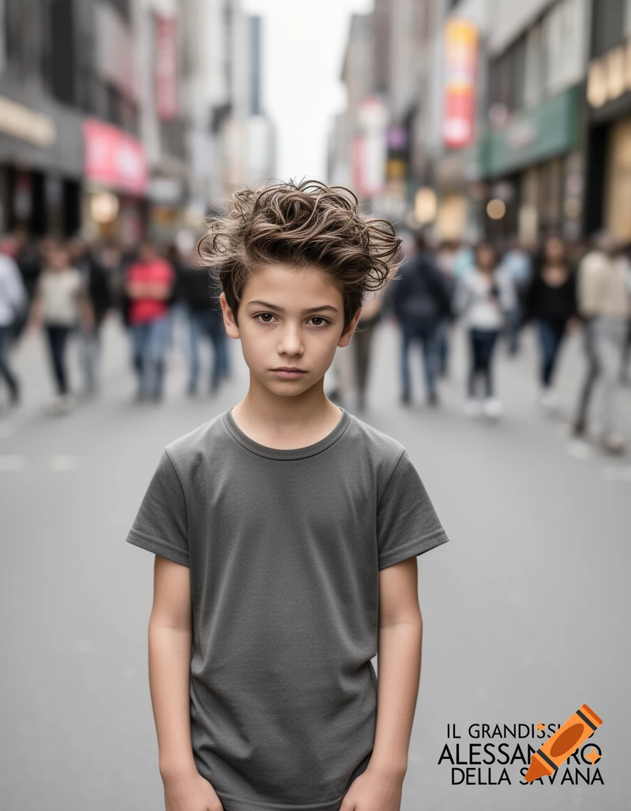 Photorealistic portrait of a young boy with curly hair and a gray t-shirt, standing on a bustling city street.