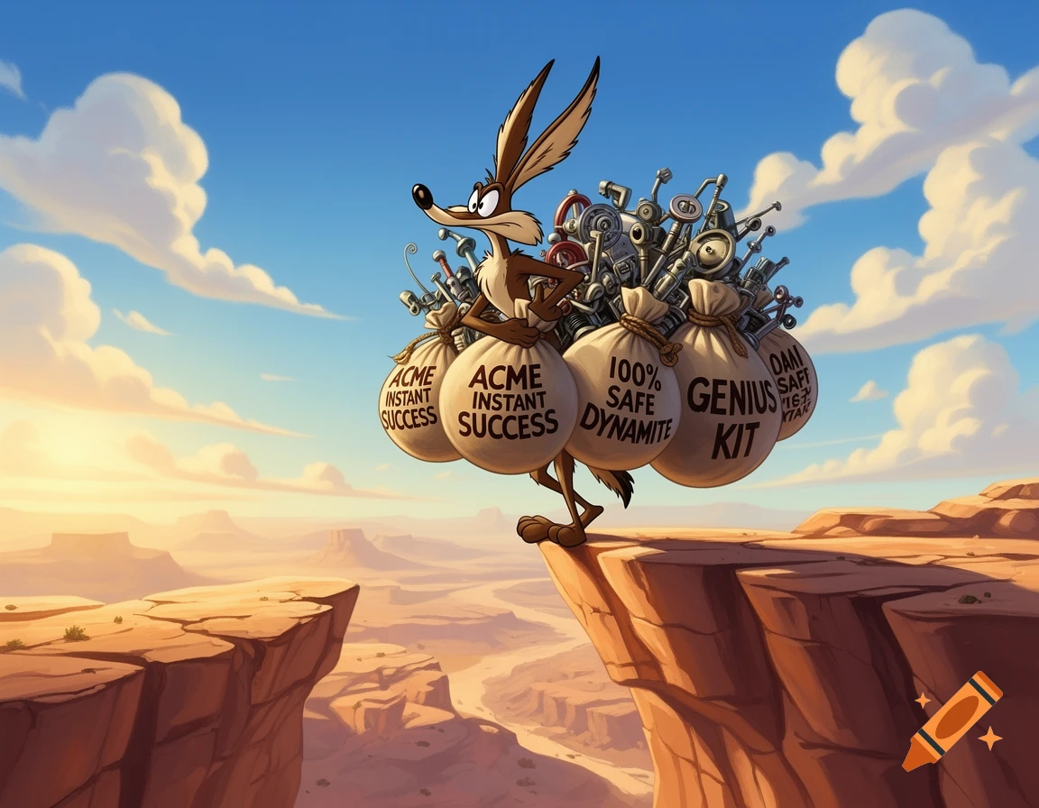 Wile E. Coyote, a cartoon character, stands on a desert cliff edge, heavily laden with several large bags containing various gadgets and text, under a blue sky.
