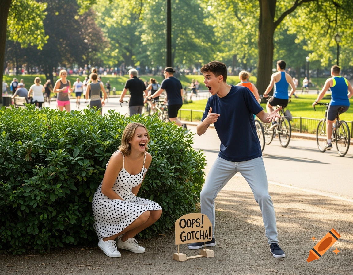 A young man surprises a woman hiding behind a bush with an 'Oops! Gotcha!' sign in a sunny park, both laughing.