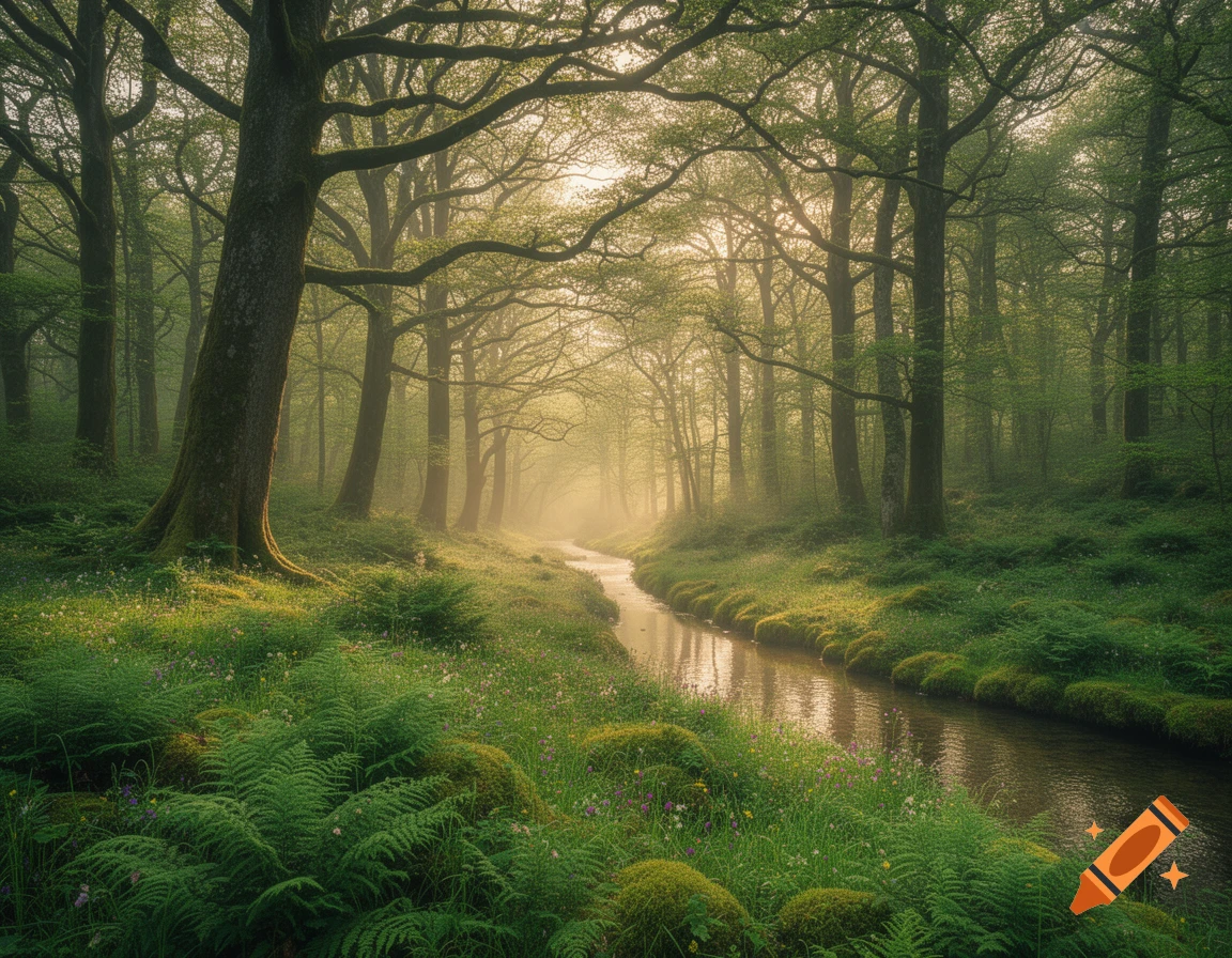A tranquil forest scene with a winding stream flowing through lush green ferns and moss, bathed in soft, ethereal sunlight.