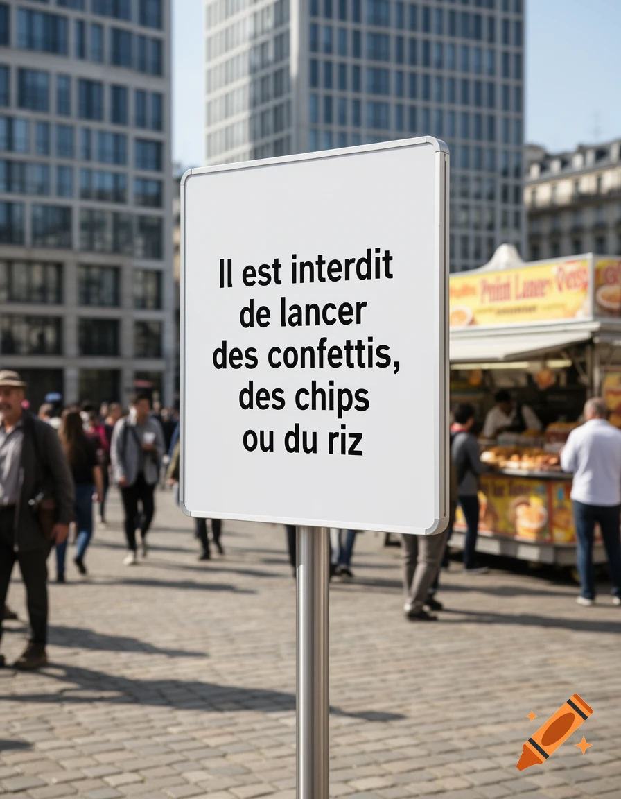 Photorealistic image of a white sign in a bustling urban square, displaying French text that warns against throwing confetti, chips, or rice.