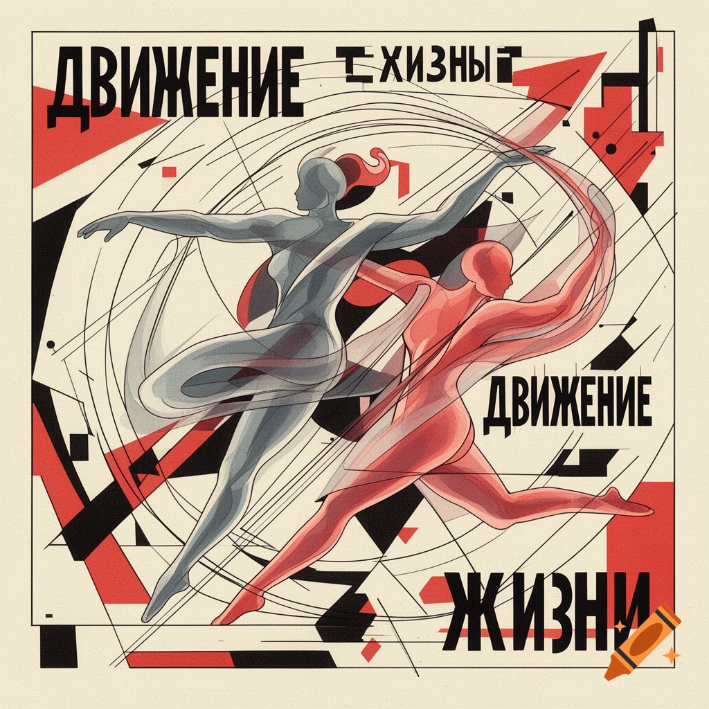 Stylized red and gray figures in motion, depicted in a Constructivist art style with geometric shapes and lines, featuring Cyrillic text.