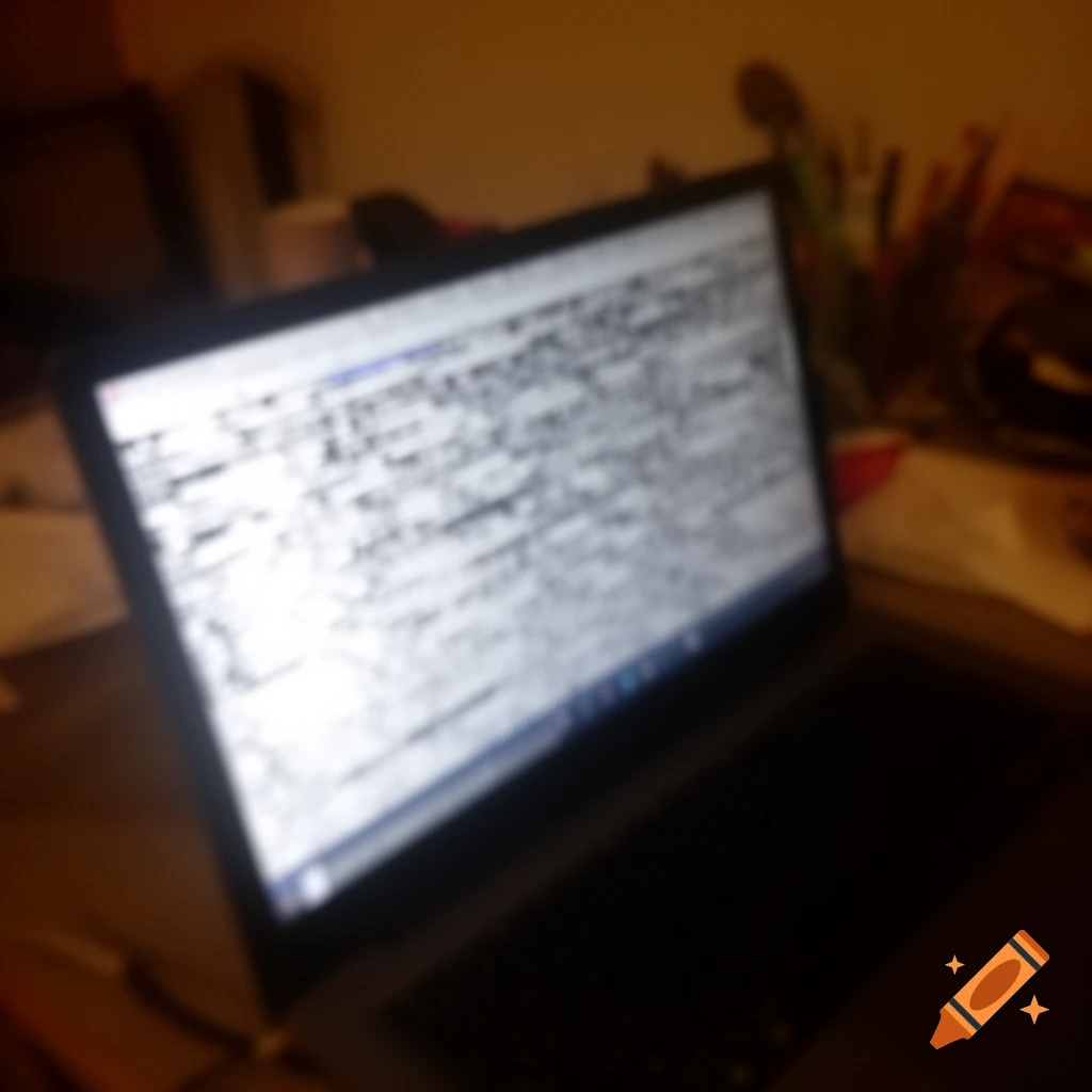 A blurry, poorly lit photo of a laptop screen where no content is decipherable.