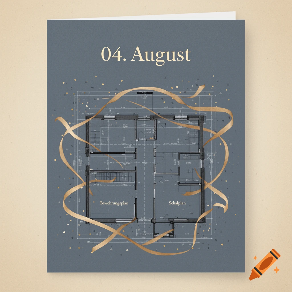A stylized birthday greeting card with '04. August' at the top, featuring an architectural blueprint surrounded by golden ribbons and confetti.