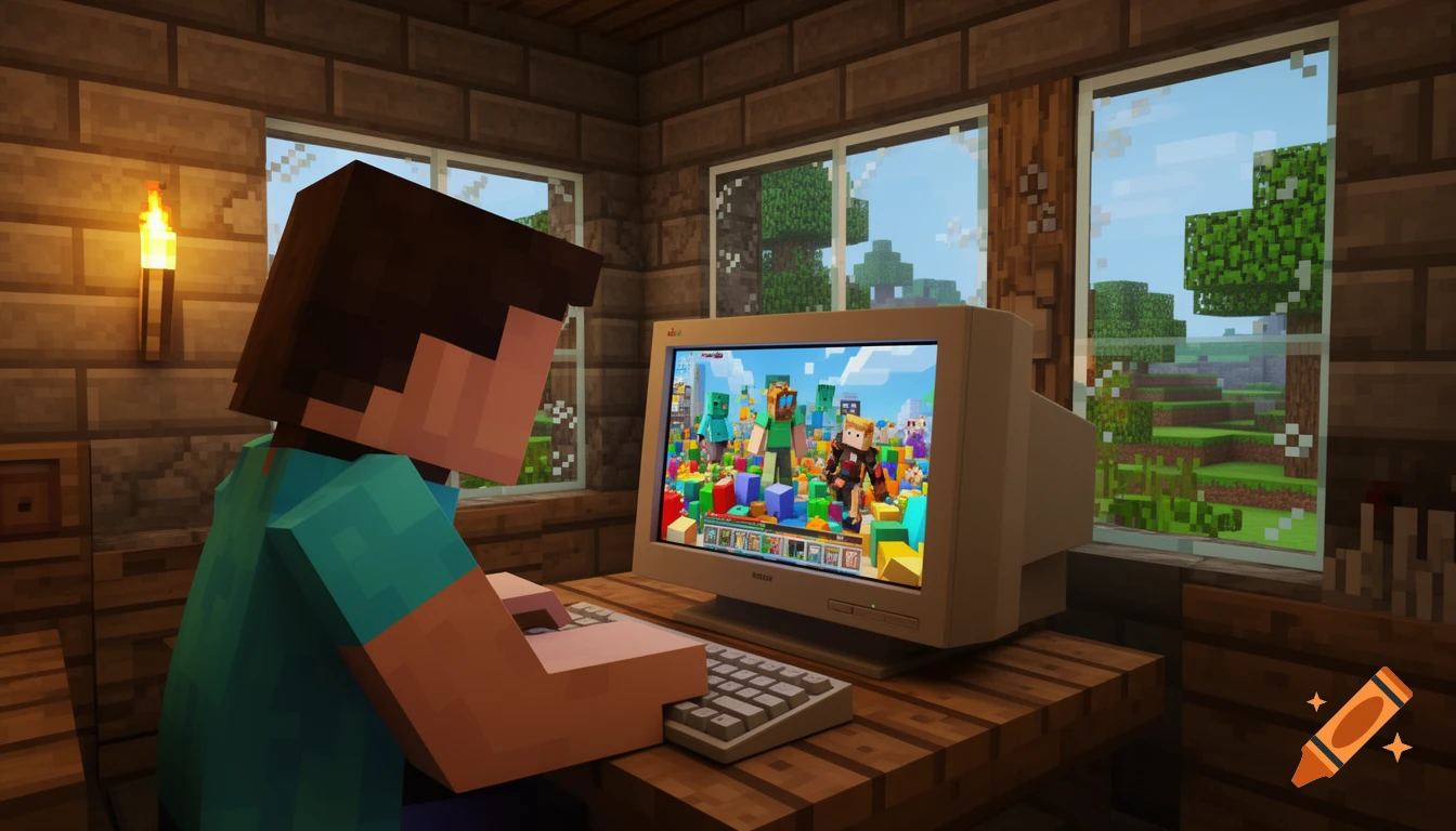 A blocky Minecraft character, Steve, sits at a wooden desk in a pixelated room, playing a colorful block-style game on an old CRT monitor.
