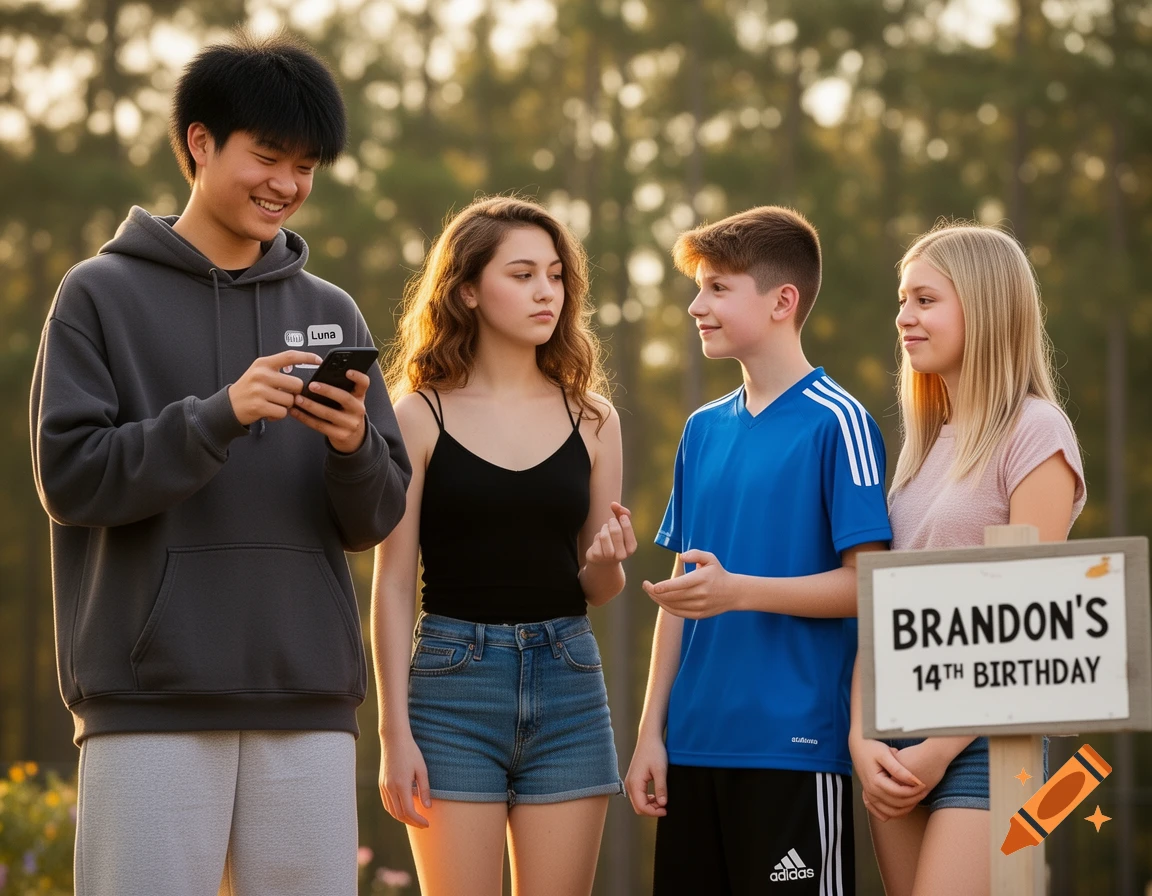 Four teenagers gathered outdoors in warm light. One boy looks at his phone while another boy and two girls chat and stand near a sign that reads "Brandon's 14th Birthday".
