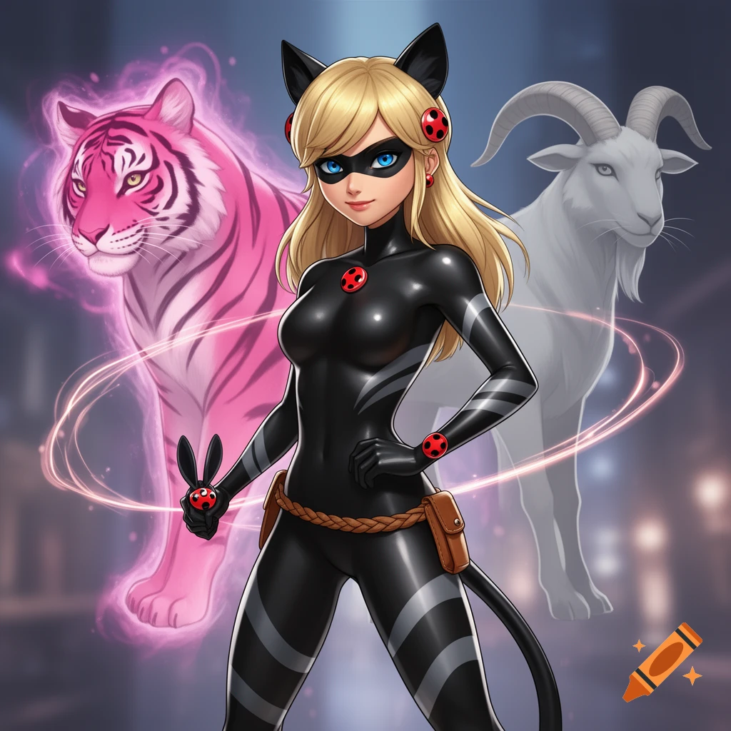 A blonde female character in a black cat-themed superhero suit stands between a glowing pink tiger and a white goat, anime style.