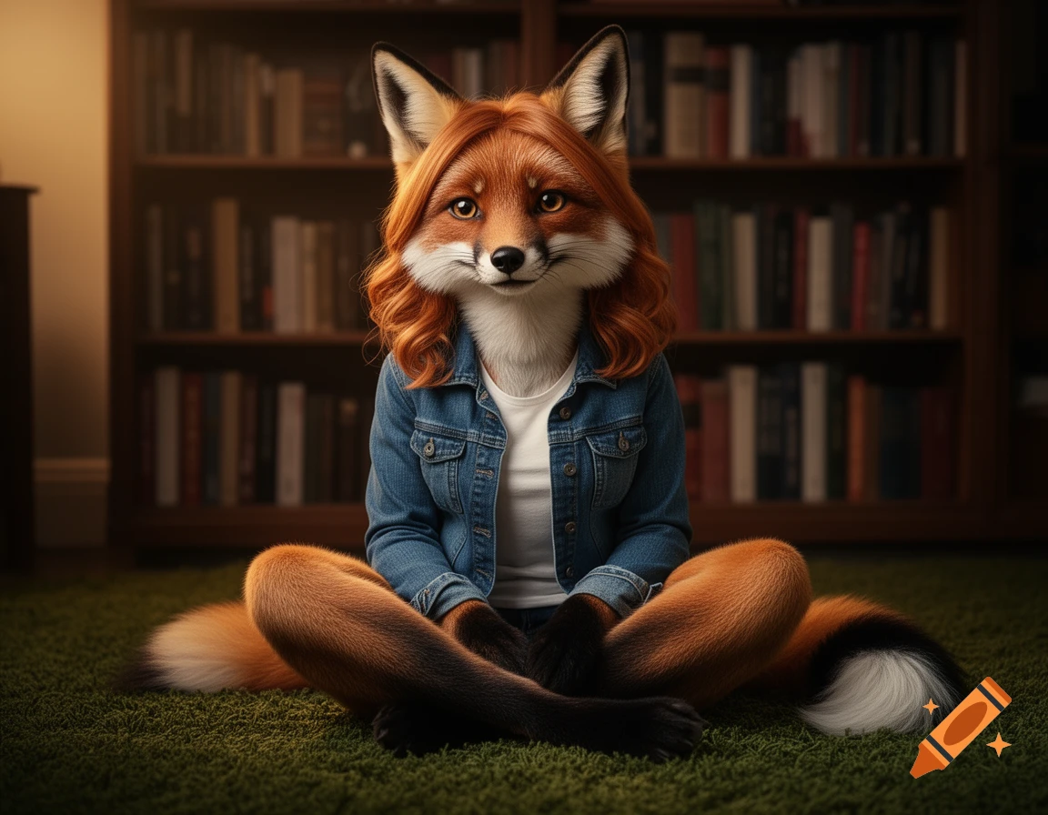 A photorealistic anthropomorphic female fox in a denim jacket sits on a green carpet before a bookshelf.