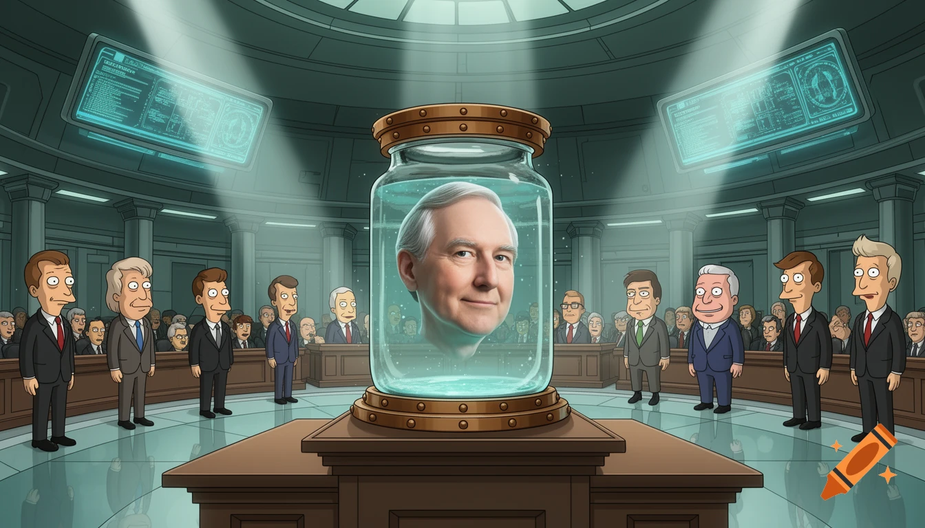 Mitch McConnell's head in a jar on a podium, surrounded by cartoon republican senators in a Futurama-style US Senate chamber.