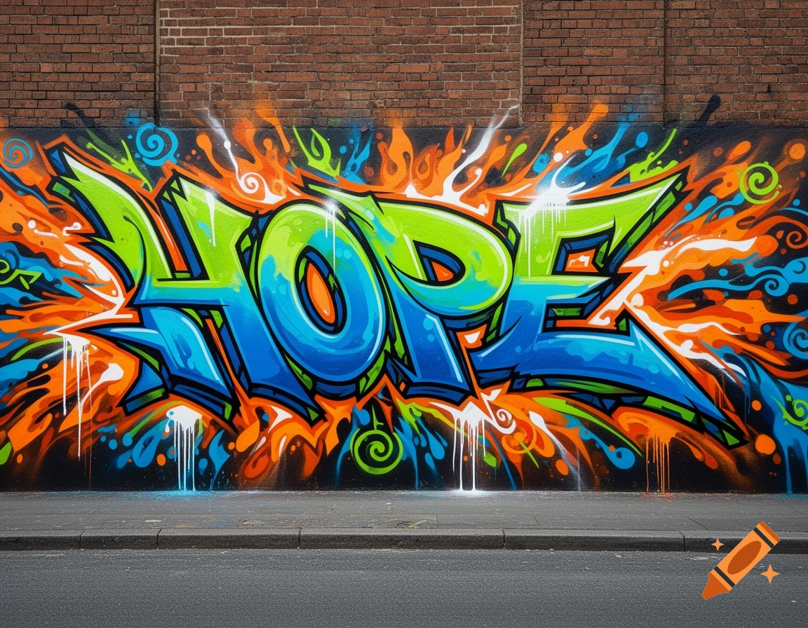 Vibrant, wild-style graffiti of the word 'HOPE' in blue, green, and orange on a brick wall above a sidewalk.