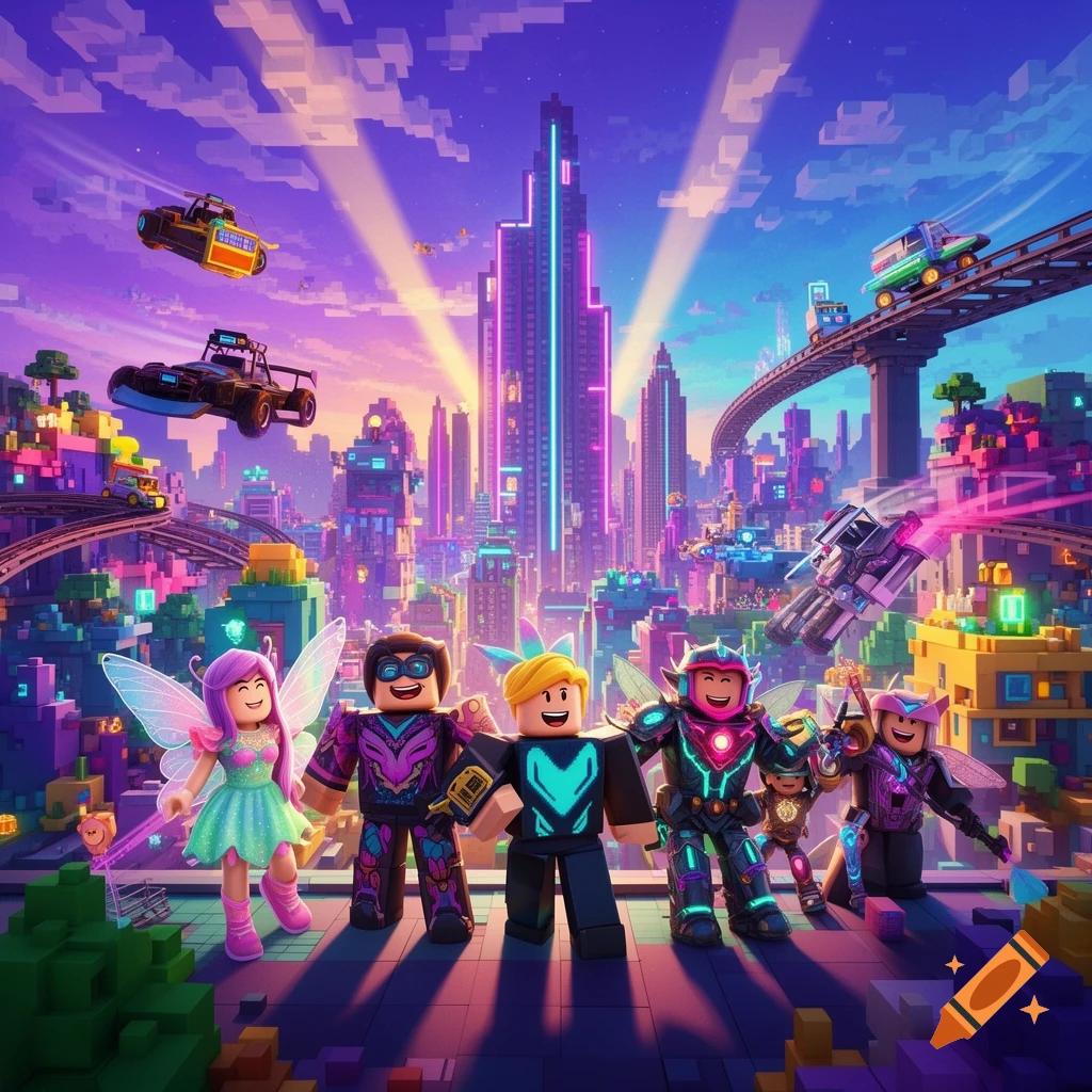 Five Roblox-style characters stand on a rooftop in a vibrant, futuristic pixel art city with flying cars.