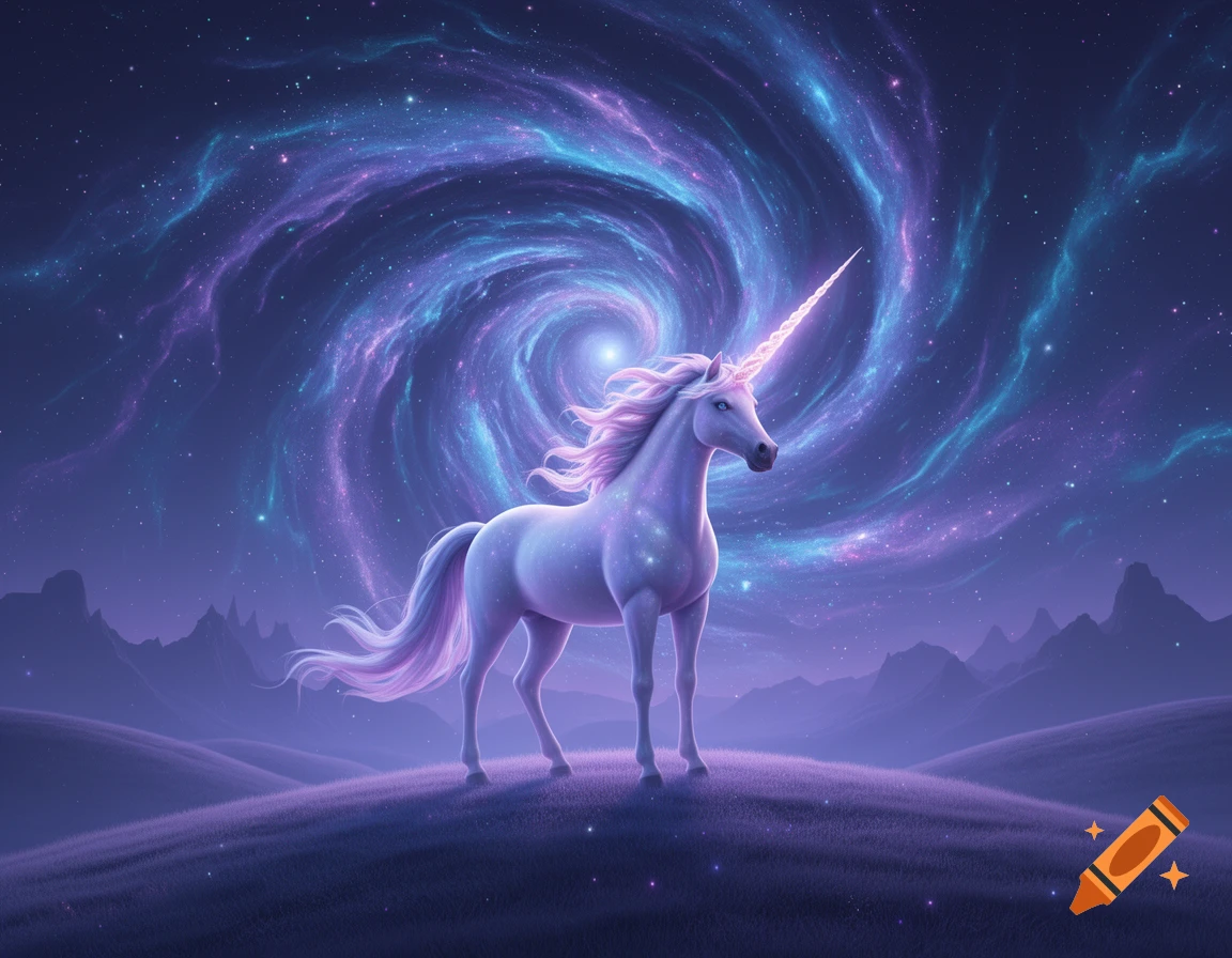 A majestic unicorn stands on a hill beneath a swirling cosmic galaxy in hues of blue, purple, and lavender.