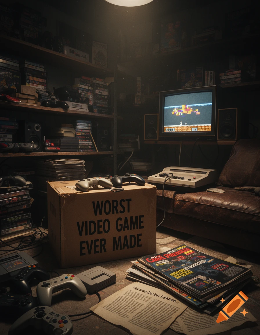 A dark room with shelves of old video games, retro consoles, controllers, and magazines. A box labeled "WORST VIDEO GAME EVER MADE" sits in the foreground, with a CRT TV showing a pixelated game.