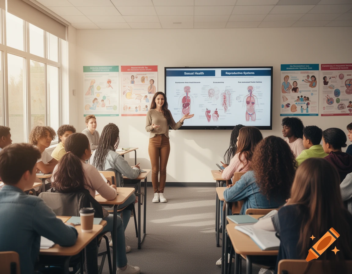 A teacher points to diagrams of human reproductive systems on a large screen in a modern classroom filled with attentive students.
