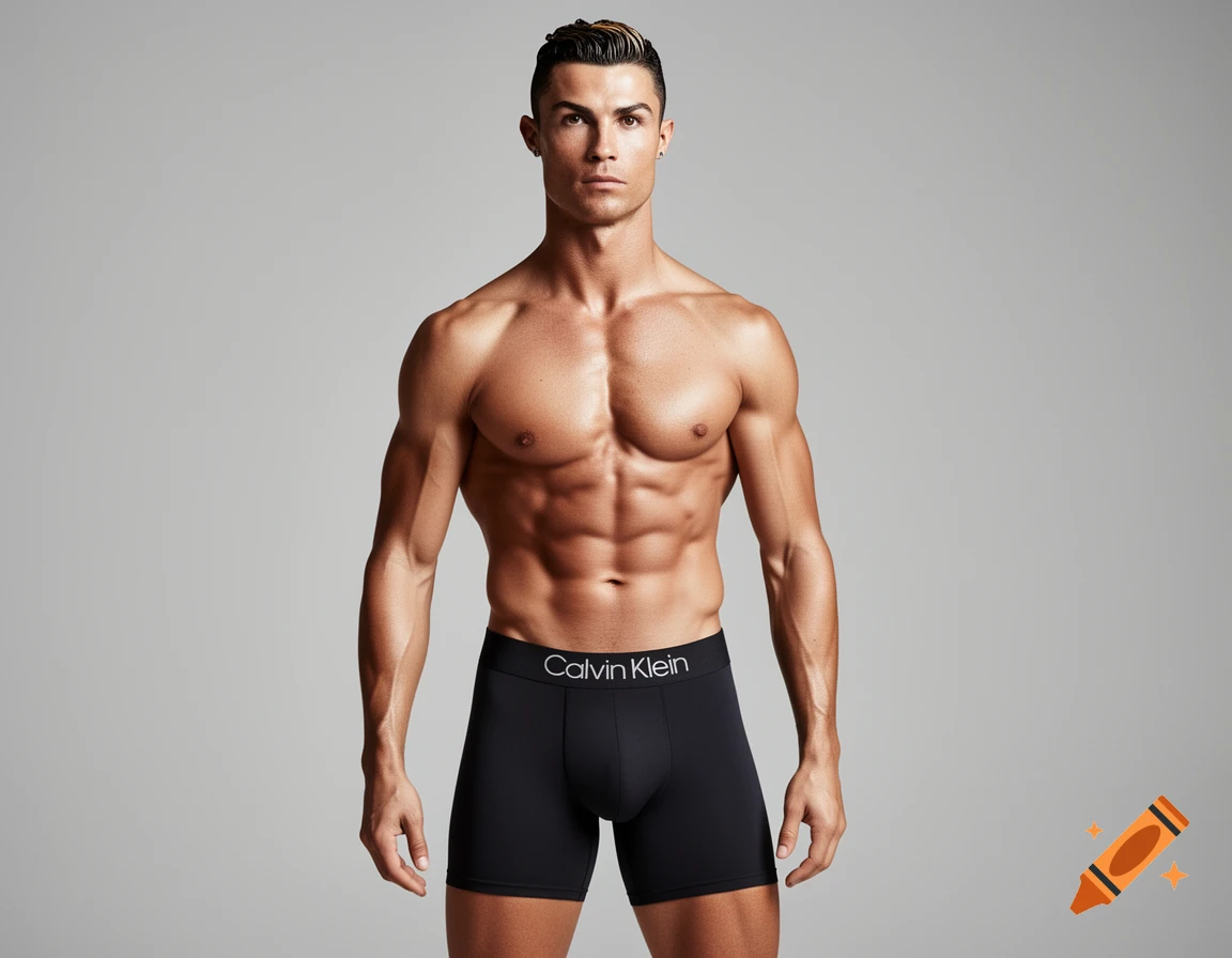 Cristiano Ronaldo, shirtless, posing in black Calvin Klein boxer briefs against a grey background.