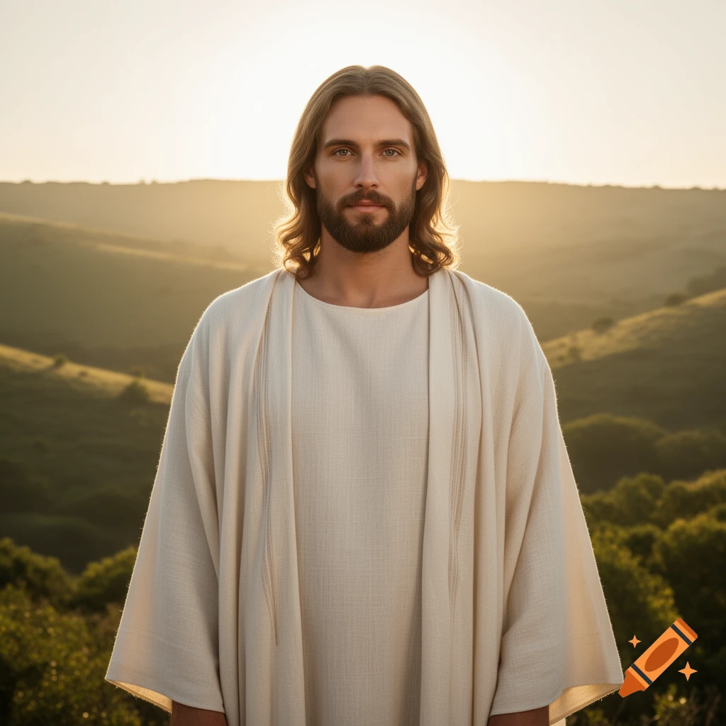 Photorealistic portrait of Jesus with long brown hair and beard, wearing a cream robe, standing in a sunlit hilly landscape.