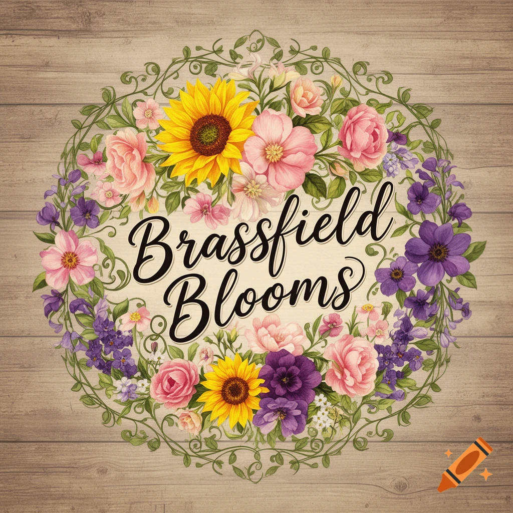 A graphic design featuring a colorful floral wreath with 'Brassfield Blooms' text, set against a light wooden background.