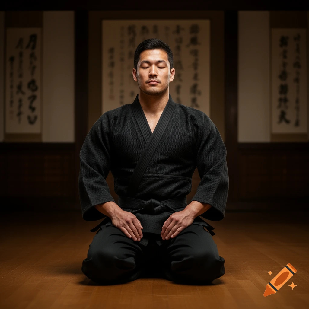 A man in a black gi kneels in meditation with his eyes closed, in a dimly lit room with traditional Japanese scrolls on the wall.