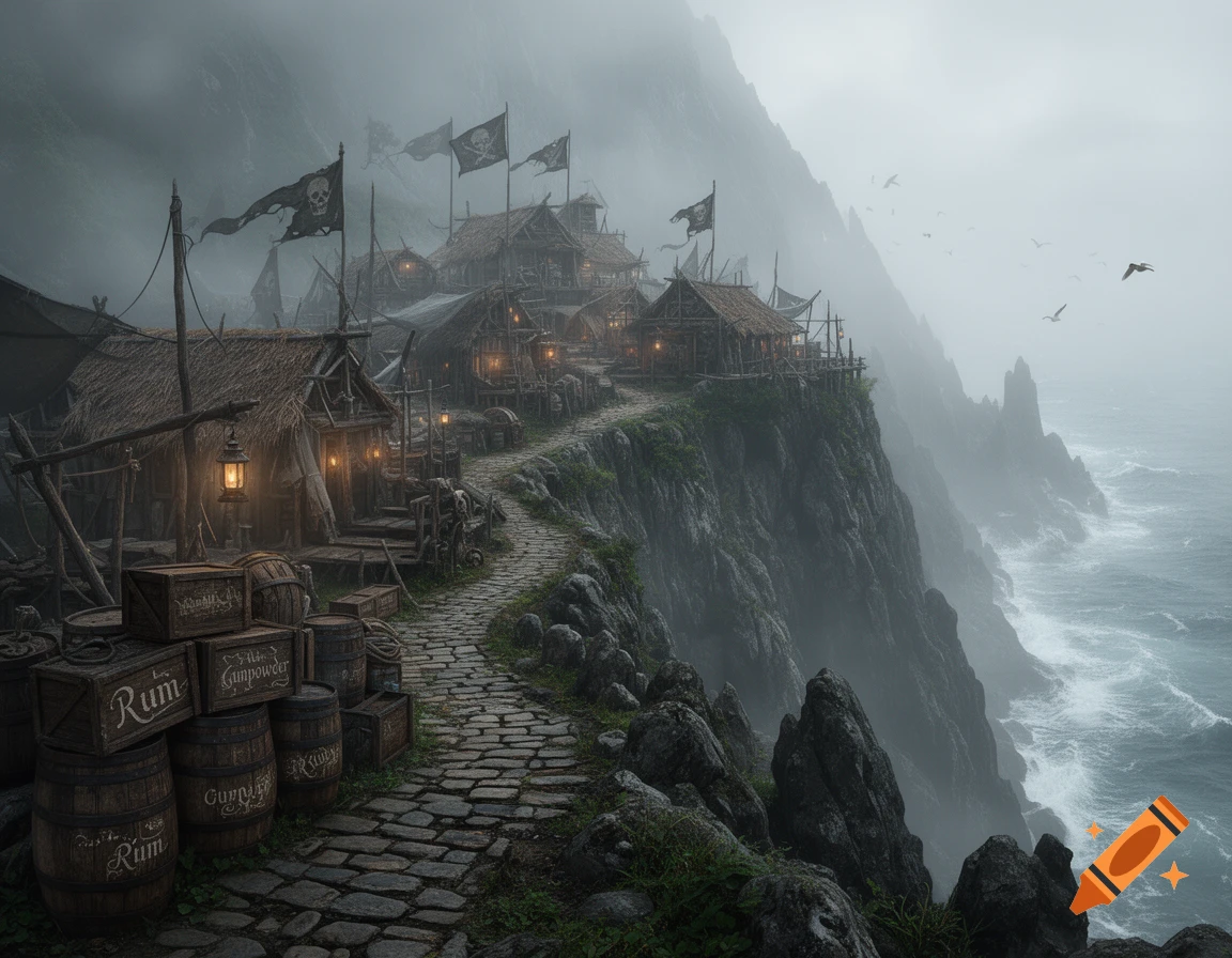 A foggy pirate village on a rugged cliff overlooking a stormy ocean, with small wooden huts, flags, and barrels.