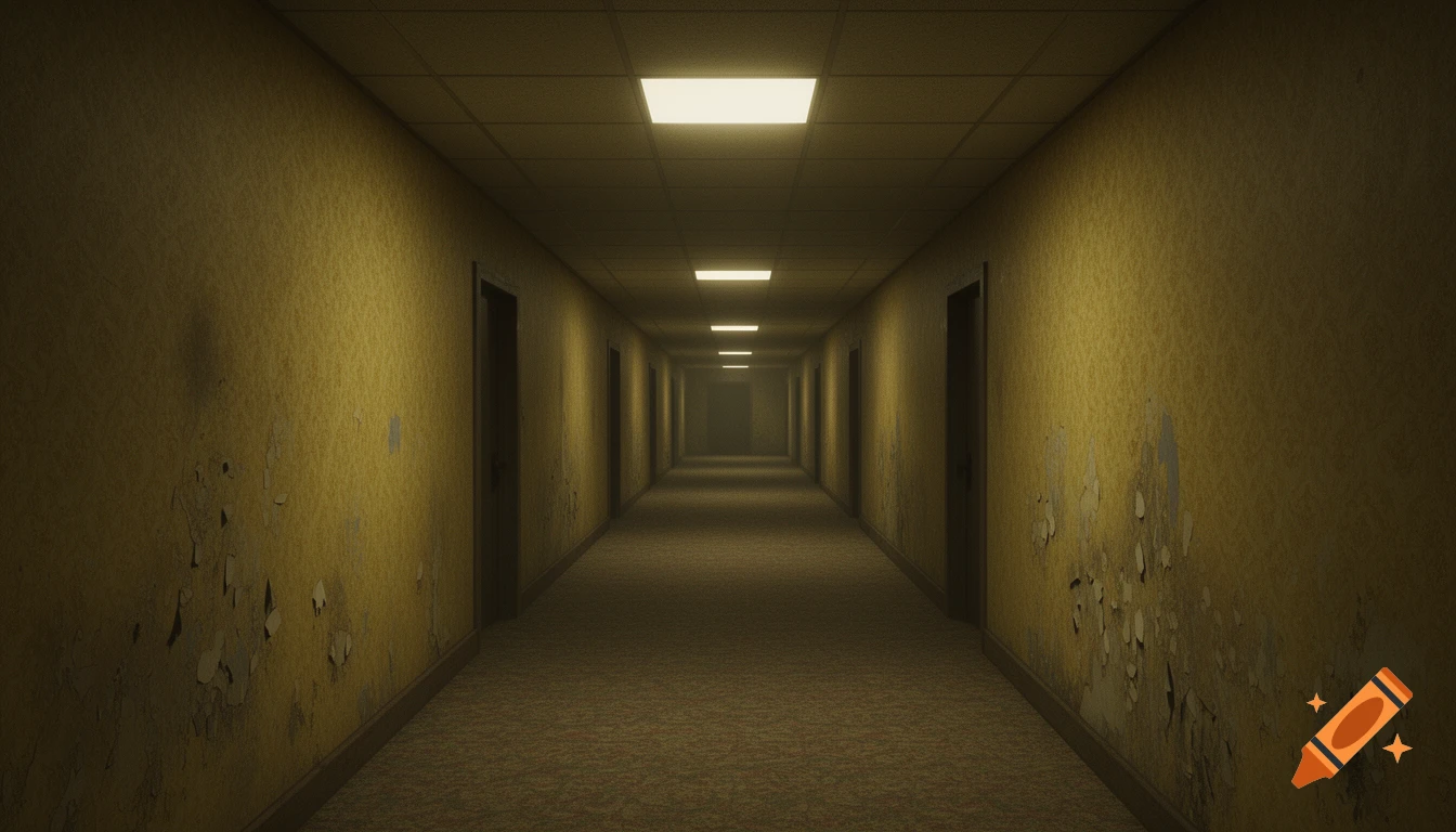 Long, empty, dimly lit hallway with yellow peeling wallpaper and rectangular ceiling lights, evoking a liminal space.