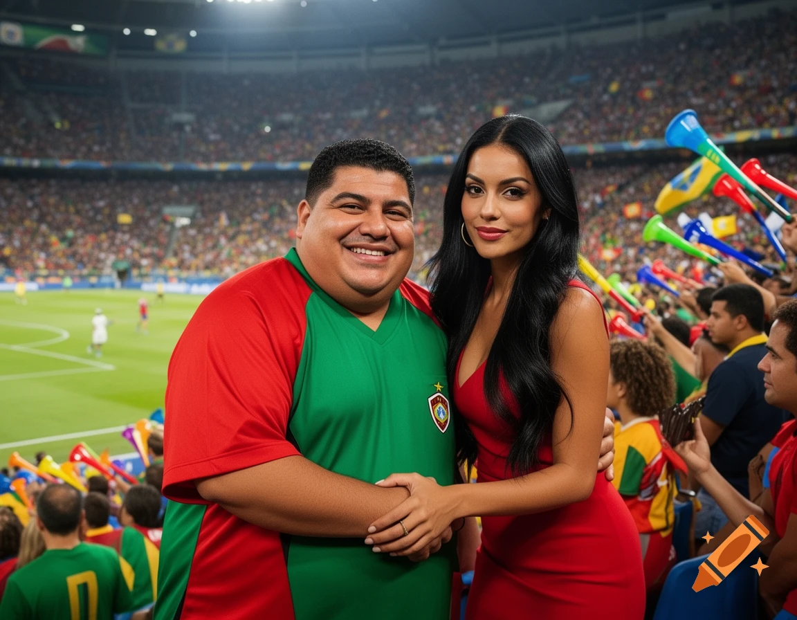 A smiling overweight Hispanic man and a beautiful Latina woman holding hands at a crowded football stadium during a game.