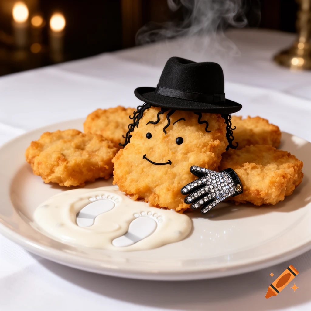 A plate of golden chicken nuggets, one designed to resemble Michael Jackson with a black fedora, curly hair, a smiling face, and a sparkling white glove, alongside footprints in white sauce.