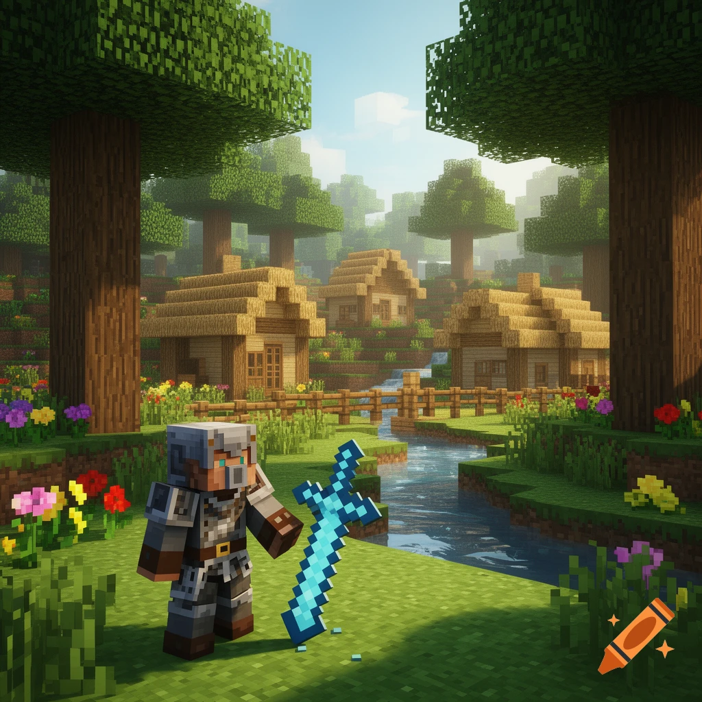 A blocky Minecraft character in armor holds a diamond sword in a pixelated village with a river, trees, and houses under a clear sky.