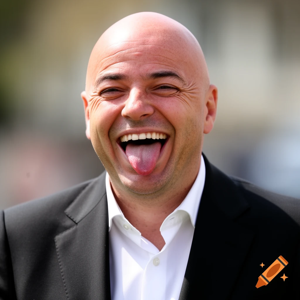 A bald man in a black suit and white shirt grins widely and sticks his tongue out in a photorealistic close-up.