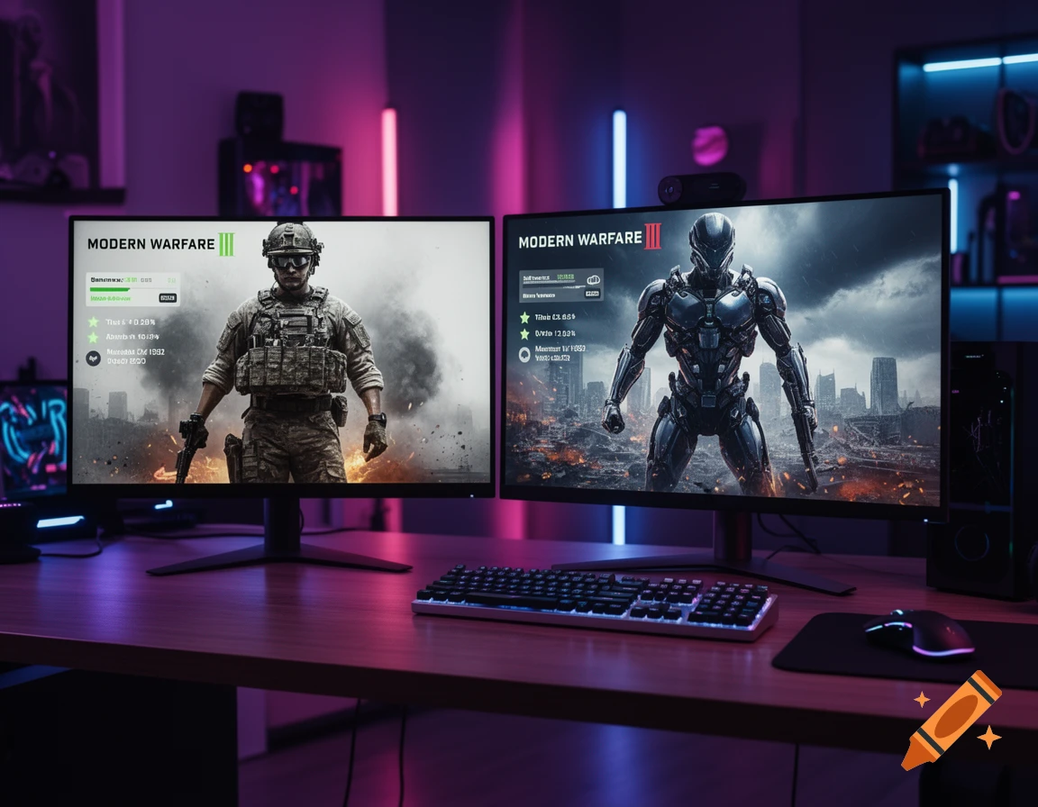 A neon-lit gaming setup featuring two monitors displaying "Modern Warfare III" gameplay, one with a soldier and the other a robot.