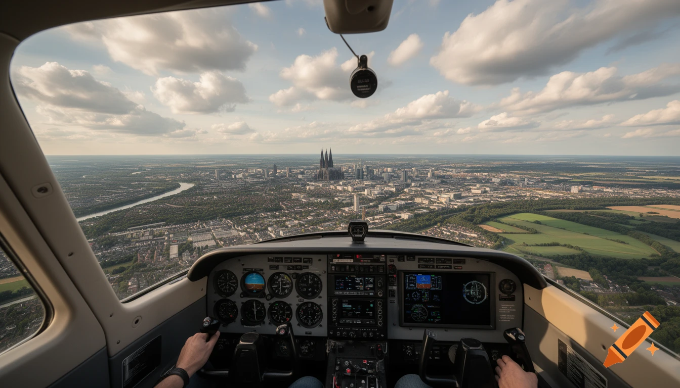 Photorealistic aerial view from a plane cockpit during a landing approach, showing a city with a prominent cathedral, a river, and green fields under a cloudy sky.