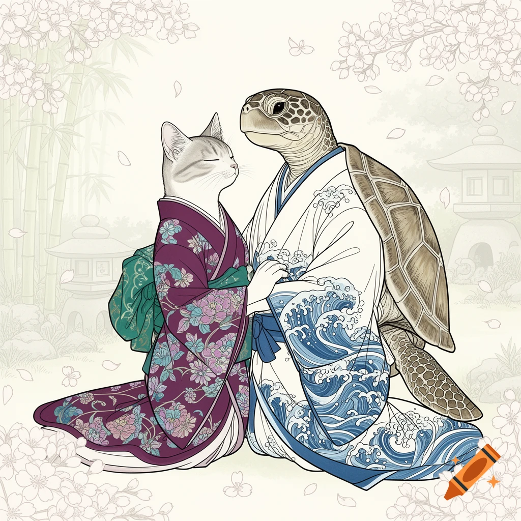 Line art of an anthropomorphic cat in a purple floral kimono and a sea turtle in a white wave-patterned yukata, holding hands in a cherry blossom garden.