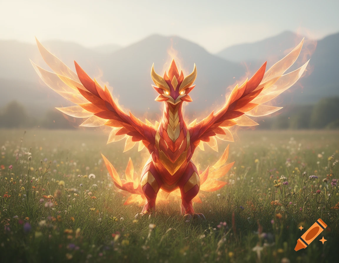A majestic, fire-themed Pokémon-like creature with glowing wings stands in a sunlit meadow.