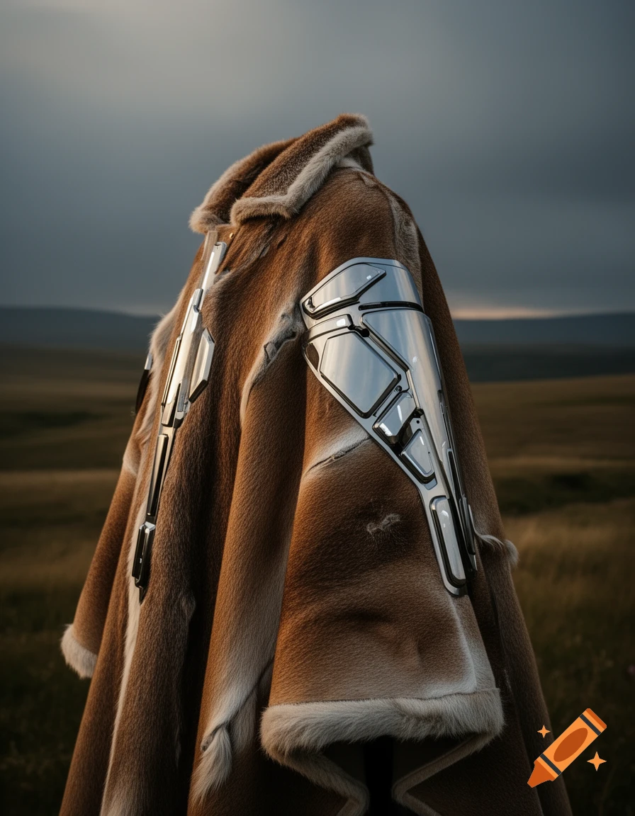 A brown animal fur cape with metallic silver futuristic armor accents, set against a cloudy, open field.