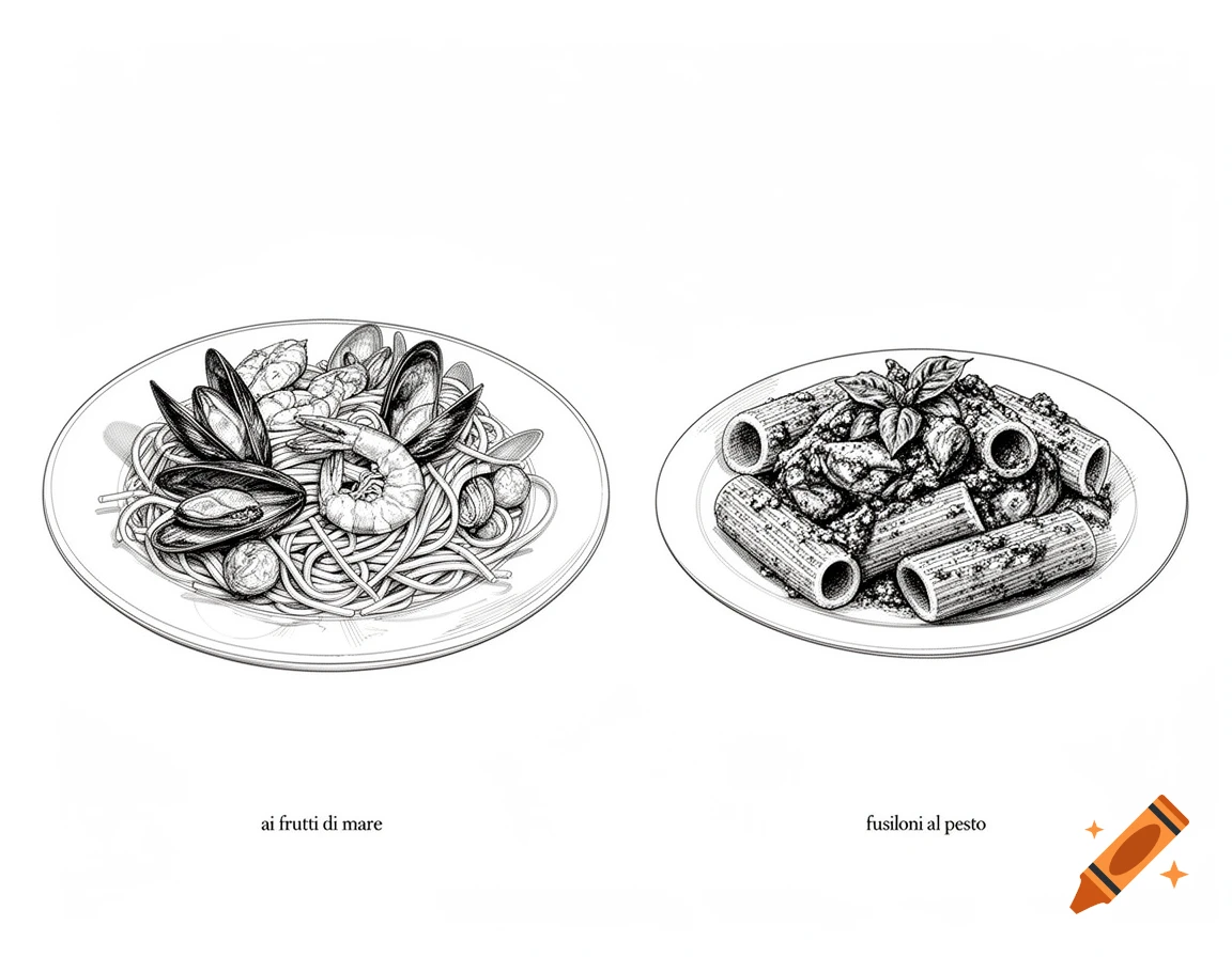 Two plates of pasta in black and white line art with hatching. One is spaghetti with seafood, the other is rigatoni with pesto.
