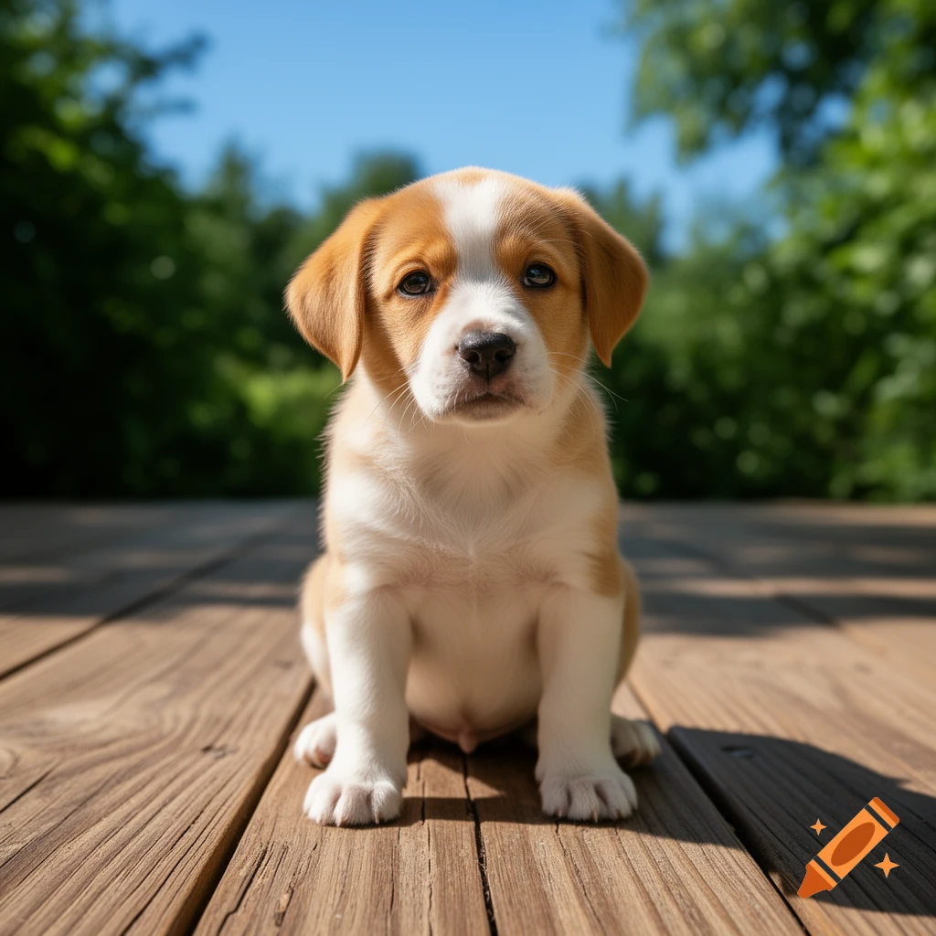 A cute light brown and white puppy sits on a wooden deck under a clear blue sky, looking forward.