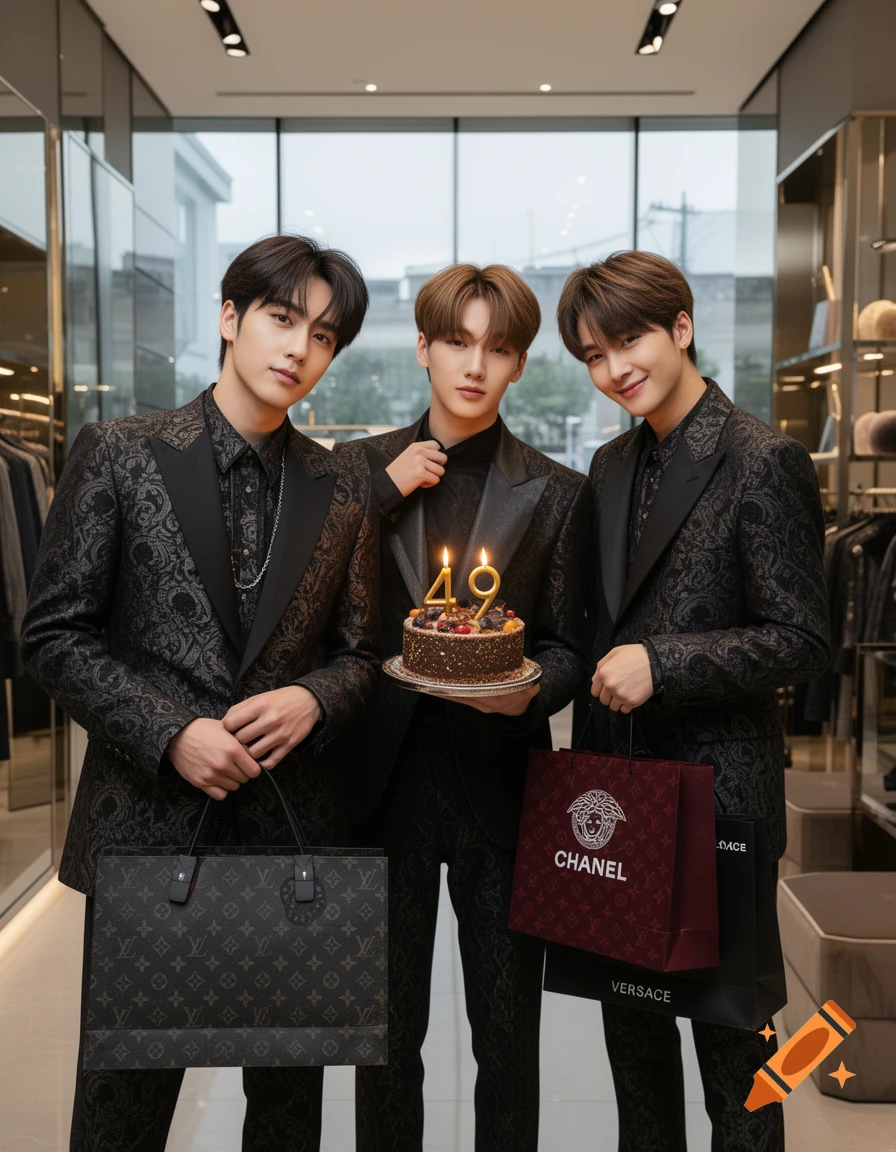 Three young men in patterned suits pose in a luxury store, one holding a birthday cake with "49" candles, and others holding designer shopping bags.