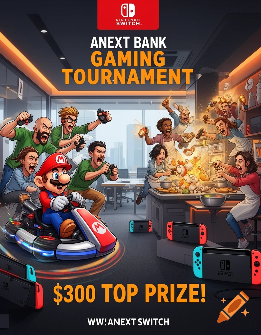 An energetic poster shows diverse office workers playing Nintendo Switch games. On the left, people race Mario Kart; on the right, others play in a chaotic kitchen. Text reads "ANEXT BANK GAMING TOURNAMENT" and "$300 TOP PRIZE!"