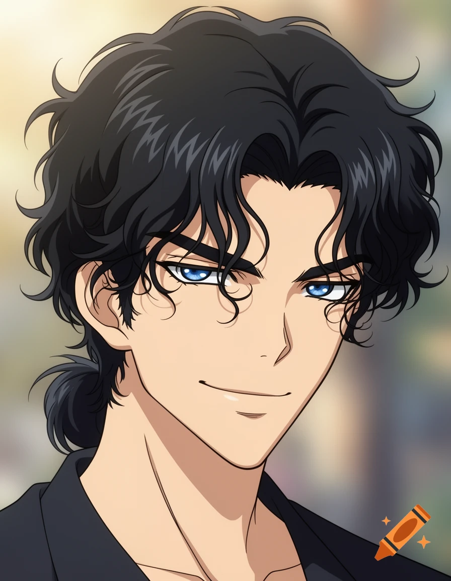 Close-up anime portrait of a man with black wavy hair tied in a ponytail, blue eyes, and a slight smirk.