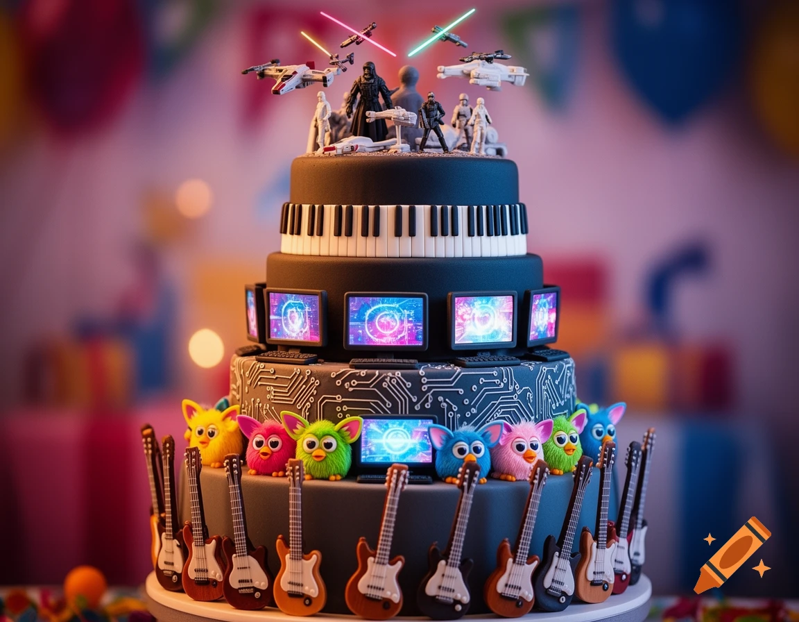 A multi-tiered birthday cake featuring Star Wars figures, a piano keyboard layer, glowing computer screens, colorful Furby toys, and miniature guitars.
