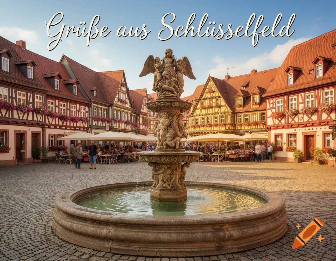 A bustling town square with a large stone fountain, traditional half-timbered buildings with red roofs, and outdoor cafes under a blue sky.
